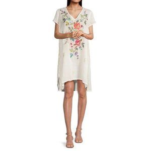 Johnny Was Adele Drape Tunic Dress Floral Embroidery Flowers White Ramie New